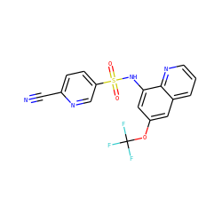 N#Cc1ccc(S(=O)(=O)Nc2cc(OC(F)(F)F)cc3cccnc23)cn1 ZINC000141818989