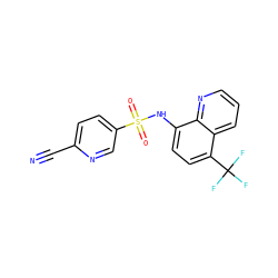 N#Cc1ccc(S(=O)(=O)Nc2ccc(C(F)(F)F)c3cccnc23)cn1 ZINC000141819339