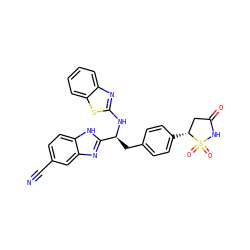 N#Cc1ccc2[nH]c([C@H](Cc3ccc([C@@H]4CC(=O)NS4(=O)=O)cc3)Nc3nc4ccccc4s3)nc2c1 ZINC000014955283