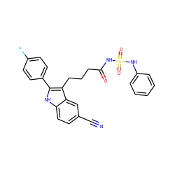 N#Cc1ccc2[nH]c(-c3ccc(F)cc3)c(CCCC(=O)NS(=O)(=O)Nc3ccccc3)c2c1 ZINC000029041453