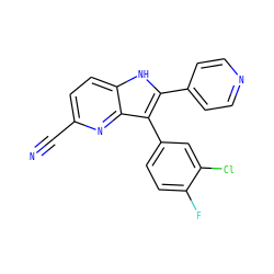 N#Cc1ccc2[nH]c(-c3ccncc3)c(-c3ccc(F)c(Cl)c3)c2n1 ZINC000040951257