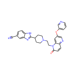 N#Cc1ccc2[nH]c(C3CCN(CCn4c(=O)ccc5ncc(Oc6cccnc6)cc54)CC3)nc2c1 ZINC000299835412