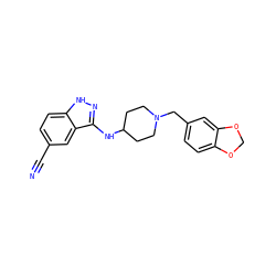 N#Cc1ccc2[nH]nc(NC3CCN(Cc4ccc5c(c4)OCO5)CC3)c2c1 ZINC000028529565