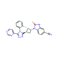 N#Cc1ccc2c(c1)[nH]c(=O)n2[C@H]1C[C@H](c2nnc(-c3ccncn3)n2-c2ccccc2Cl)C1 ZINC001772577052