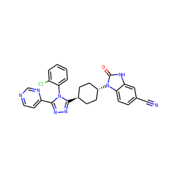 N#Cc1ccc2c(c1)[nH]c(=O)n2[C@H]1CC[C@H](c2nnc(-c3ccncn3)n2-c2ccccc2Cl)CC1 ZINC001772632246