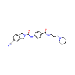 N#Cc1ccc2c(c1)CN(C(=O)Nc1ccc(C(=O)NCCCN3CCCCC3)cc1)C2 ZINC000166676927
