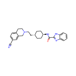 N#Cc1ccc2c(c1)CN(CC[C@H]1CC[C@H](NC(=O)c3nc4ccccc4[nH]3)CC1)CC2 ZINC000473133406