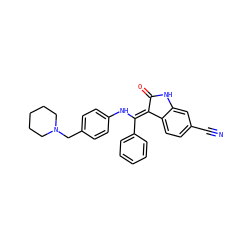 N#Cc1ccc2c(c1)NC(=O)/C2=C(\Nc1ccc(CN2CCCCC2)cc1)c1ccccc1 ZINC000040979696