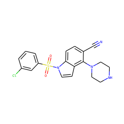 N#Cc1ccc2c(ccn2S(=O)(=O)c2cccc(Cl)c2)c1N1CCNCC1 ZINC000028523356