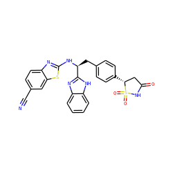 N#Cc1ccc2nc(N[C@@H](Cc3ccc([C@@H]4CC(=O)NS4(=O)=O)cc3)c3nc4ccccc4[nH]3)sc2c1 ZINC000014955234
