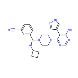 N#Cc1cccc([C@@H](NC2CCC2)N2CCN(c3ncnc(N)c3-c3cn[nH]c3)CC2)c1 ZINC001772585420