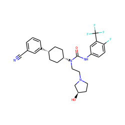 N#Cc1cccc([C@H]2CC[C@@H](N(CCN3CC[C@@H](O)C3)C(=O)Nc3ccc(F)c(C(F)(F)F)c3)CC2)c1 ZINC000101035858