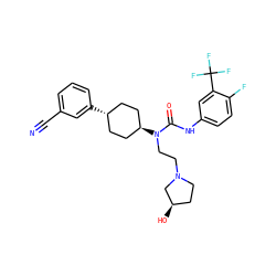 N#Cc1cccc([C@H]2CC[C@H](N(CCN3CC[C@@H](O)C3)C(=O)Nc3ccc(F)c(C(F)(F)F)c3)CC2)c1 ZINC000101027510