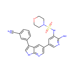N#Cc1cccc(-c2c[nH]c3ncc(-c4cnc(N)c(NS(=O)(=O)N5CCOCC5)c4)cc23)c1 ZINC000064559359