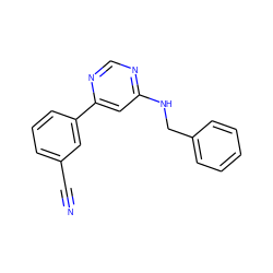 N#Cc1cccc(-c2cc(NCc3ccccc3)ncn2)c1 ZINC000004265991