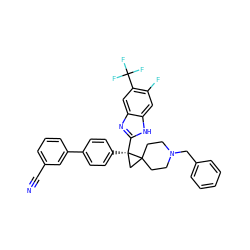 N#Cc1cccc(-c2ccc([C@@]3(c4nc5cc(C(F)(F)F)c(F)cc5[nH]4)CC34CCN(Cc3ccccc3)CC4)cc2)c1 ZINC000038157831