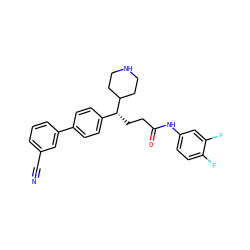 N#Cc1cccc(-c2ccc([C@@H](CCC(=O)Nc3ccc(F)c(F)c3)C3CCNCC3)cc2)c1 ZINC000038157880