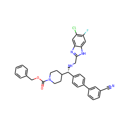 N#Cc1cccc(-c2ccc([C@@H](NCc3nc4cc(Cl)c(F)cc4[nH]3)C3CCN(C(=O)OCc4ccccc4)CC3)cc2)c1 ZINC000038157872