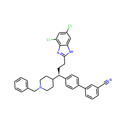 N#Cc1cccc(-c2ccc([C@H](CCc3nc4c(Cl)cc(Cl)cc4[nH]3)C3CCN(Cc4ccccc4)CC3)cc2)c1 ZINC000038157863