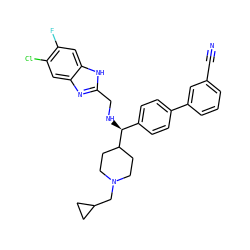 N#Cc1cccc(-c2ccc([C@H](NCc3nc4cc(Cl)c(F)cc4[nH]3)C3CCN(CC4CC4)CC3)cc2)c1 ZINC000038157866