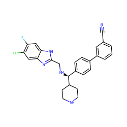 N#Cc1cccc(-c2ccc([C@H](NCc3nc4cc(Cl)c(F)cc4[nH]3)C3CCNCC3)cc2)c1 ZINC000038157870
