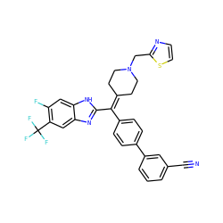 N#Cc1cccc(-c2ccc(C(=C3CCN(Cc4nccs4)CC3)c3nc4cc(C(F)(F)F)c(F)cc4[nH]3)cc2)c1 ZINC000038157846