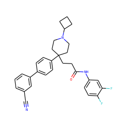 N#Cc1cccc(-c2ccc(C3(CCC(=O)Nc4ccc(F)c(F)c4)CCN(C4CCC4)CC3)cc2)c1 ZINC000038157890