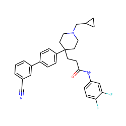 N#Cc1cccc(-c2ccc(C3(CCC(=O)Nc4ccc(F)c(F)c4)CCN(CC4CC4)CC3)cc2)c1 ZINC000038157891