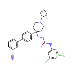 N#Cc1cccc(-c2ccc(C3(CNC(=O)Nc4cc(Cl)cc(Cl)c4)CCN(C4CCC4)CC3)cc2)c1 ZINC000028113841