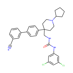 N#Cc1cccc(-c2ccc(C3(CNC(=O)Nc4cc(Cl)cc(Cl)c4)CCN(C4CCCC4)CC3)cc2)c1 ZINC000028117063