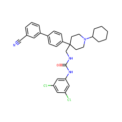 N#Cc1cccc(-c2ccc(C3(CNC(=O)Nc4cc(Cl)cc(Cl)c4)CCN(C4CCCCC4)CC3)cc2)c1 ZINC000028118104