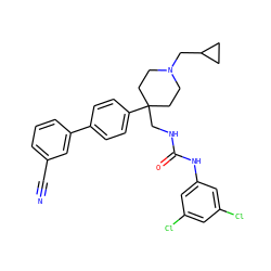 N#Cc1cccc(-c2ccc(C3(CNC(=O)Nc4cc(Cl)cc(Cl)c4)CCN(CC4CC4)CC3)cc2)c1 ZINC000028116467