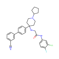 N#Cc1cccc(-c2ccc(C3(NCC(=O)Nc4ccc(F)c(Cl)c4)CCN(C4CCCC4)CC3)cc2)c1 ZINC000038157916