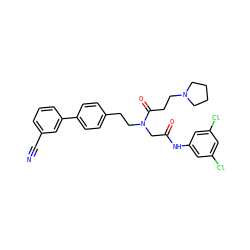N#Cc1cccc(-c2ccc(CCN(CC(=O)Nc3cc(Cl)cc(Cl)c3)C(=O)CCN3CCCC3)cc2)c1 ZINC000028529820