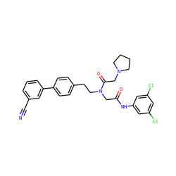 N#Cc1cccc(-c2ccc(CCN(CC(=O)Nc3cc(Cl)cc(Cl)c3)C(=O)CN3CCCC3)cc2)c1 ZINC000028529469