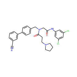N#Cc1cccc(-c2ccc(CN(CC(=O)Nc3cc(Cl)cc(Cl)c3)C(=O)CCN3CCCC3)cc2)c1 ZINC000028529311
