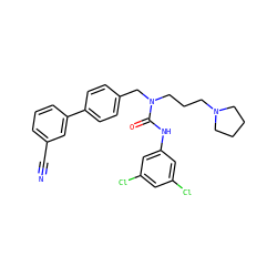 N#Cc1cccc(-c2ccc(CN(CCCN3CCCC3)C(=O)Nc3cc(Cl)cc(Cl)c3)cc2)c1 ZINC000028529341