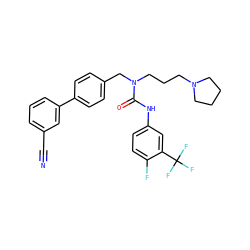 N#Cc1cccc(-c2ccc(CN(CCCN3CCCC3)C(=O)Nc3ccc(F)c(C(F)(F)F)c3)cc2)c1 ZINC000028529803