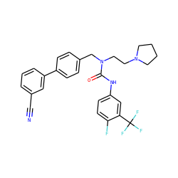 N#Cc1cccc(-c2ccc(CN(CCN3CCCC3)C(=O)Nc3ccc(F)c(C(F)(F)F)c3)cc2)c1 ZINC000028529339