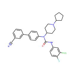 N#Cc1cccc(-c2ccc(N(C(=O)Nc3ccc(F)c(Cl)c3)C3CCN(C4CCCC4)CC3)cc2)c1 ZINC000013648087
