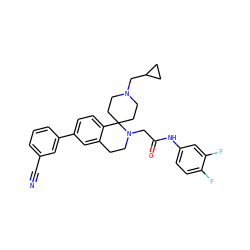 N#Cc1cccc(-c2ccc3c(c2)CCN(CC(=O)Nc2ccc(F)c(F)c2)C32CCN(CC3CC3)CC2)c1 ZINC000034110904