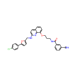 N#Cc1cccc(C(=O)NCCCOc2cccc3ccc(NCc4ccc(-c5ccc(Cl)cc5)o4)nc23)c1 ZINC000028362074