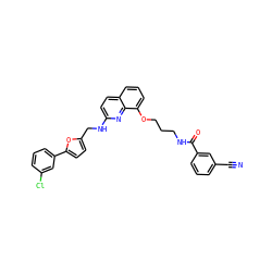 N#Cc1cccc(C(=O)NCCCOc2cccc3ccc(NCc4ccc(-c5cccc(Cl)c5)o4)nc23)c1 ZINC000028378395