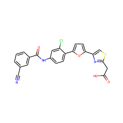 N#Cc1cccc(C(=O)Nc2ccc(-c3ccc(-c4csc(CC(=O)O)n4)o3)c(Cl)c2)c1 ZINC000028524786