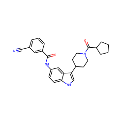 N#Cc1cccc(C(=O)Nc2ccc3[nH]cc(C4CCN(C(=O)C5CCCC5)CC4)c3c2)c1 ZINC000221110797