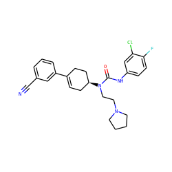 N#Cc1cccc(C2=CC[C@H](N(CCN3CCCC3)C(=O)Nc3ccc(F)c(Cl)c3)CC2)c1 ZINC000013641324