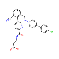 N#Cc1cccc(CNc2ccc(-c3ccc(Cl)cc3)cc2)c1-c1ccc(C(=O)NCCC(=O)O)nc1 ZINC000148349997