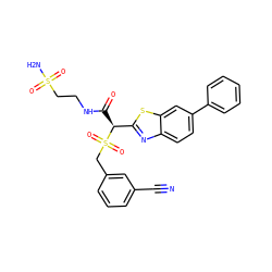 N#Cc1cccc(CS(=O)(=O)[C@@H](C(=O)NCCS(N)(=O)=O)c2nc3ccc(-c4ccccc4)cc3s2)c1 ZINC000144674839