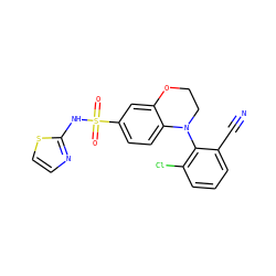 N#Cc1cccc(Cl)c1N1CCOc2cc(S(=O)(=O)Nc3nccs3)ccc21 ZINC000220206509