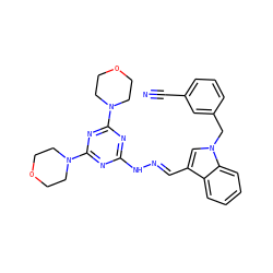 N#Cc1cccc(Cn2cc(/C=N/Nc3nc(N4CCOCC4)nc(N4CCOCC4)n3)c3ccccc32)c1 ZINC000205489770